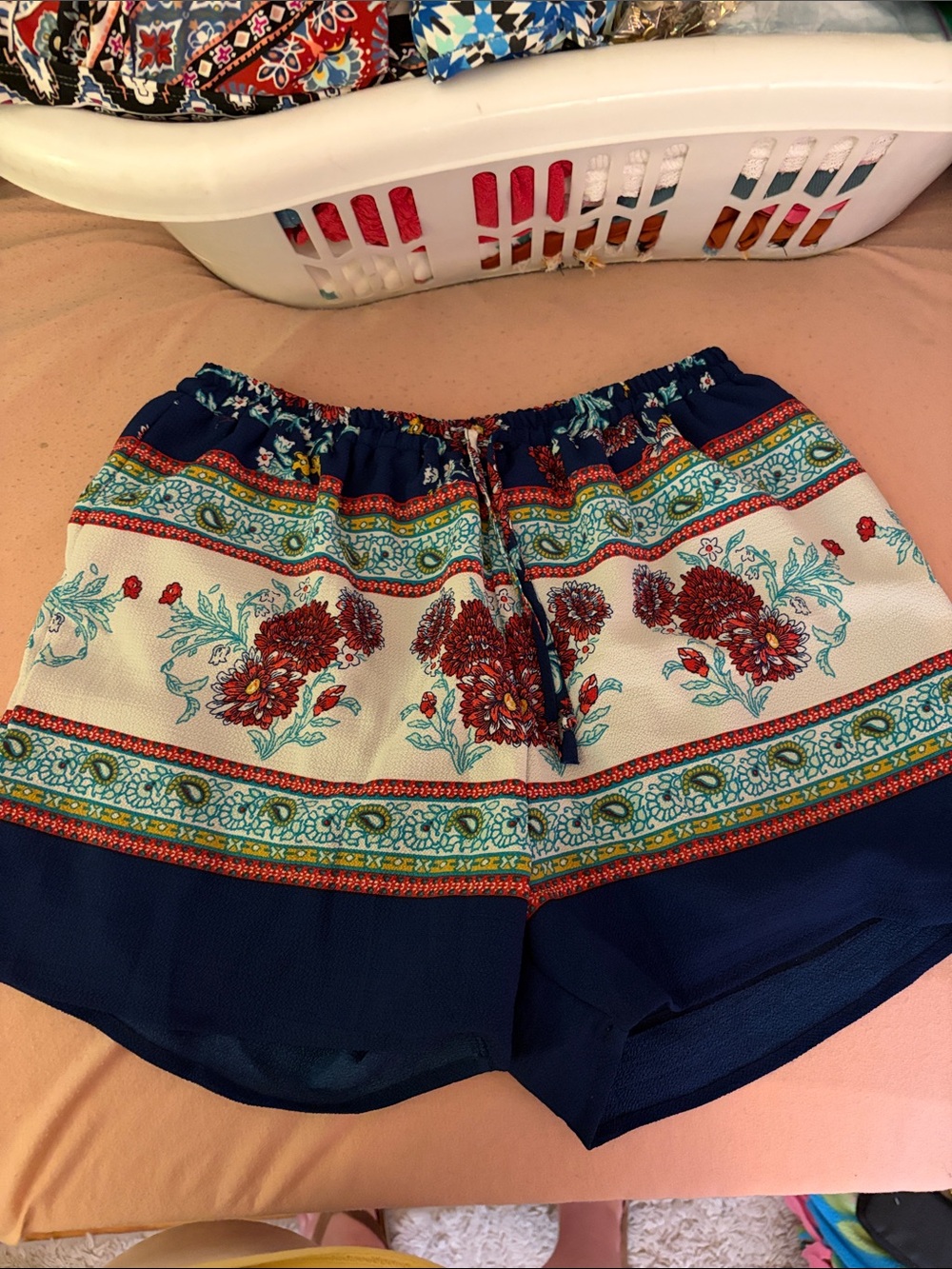 Blue Rain Navy Floral Border High-Waist Shorts